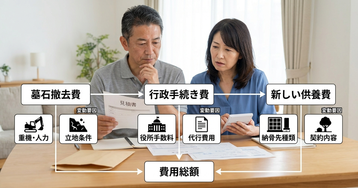 墓じまいの相場を構成する3つの費用と、それぞれの変動要因