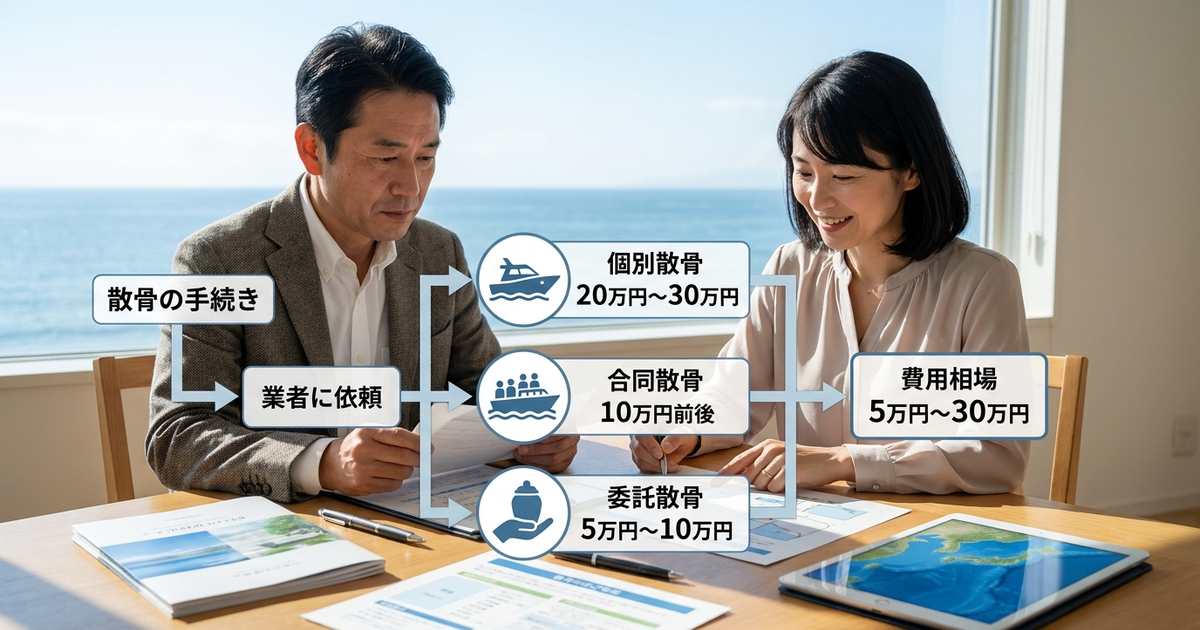 散骨の手続きを業者に依頼すると、費用は5万円から30万円で変わる
